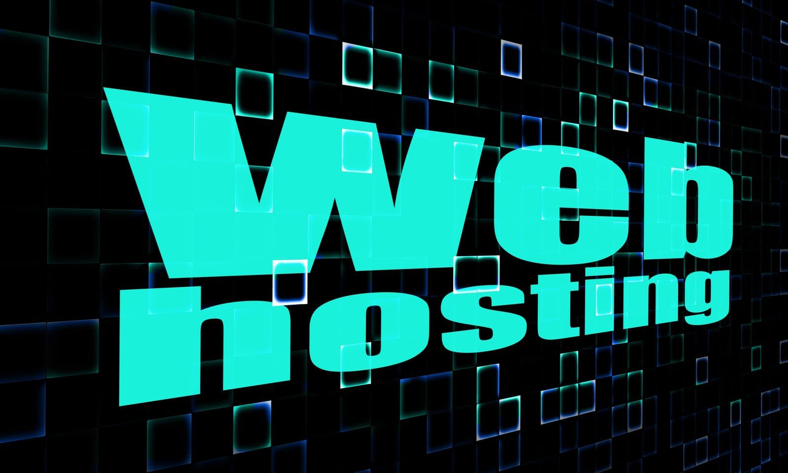 Veliki tirkizni tekst s natpisom Web hosting pojavljuje se na tamnoj pozadini sa sjajnim plavim i zelenim kvadratićima, ističući najbolji hosting kao TOP opciju za hosting u Hrvatskoj.