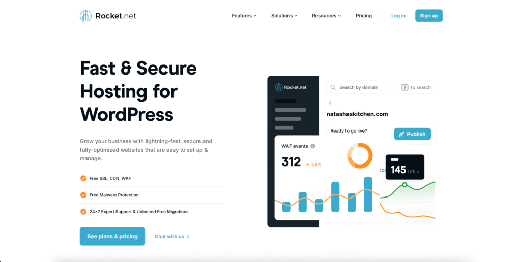Snimka zaslona početne stranice Rocket.net koja ističe brzi i sigurni WordPress hosting sa značajkama poput besplatnog SSL-a, zaštite od zlonamjernog softvera i analitike web-mjesta. Vidljivi su gumbi za cijene i chat - idealno za najbolji hosting ili TOP opciju za hosting u Hrvatskoj.