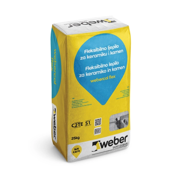 Vreća od 25 kg Webercol Flexa, najboljeg ljepila za pločice, sa žuto-plavom ambalažom označenom za upotrebu s keramikom i kamenom.