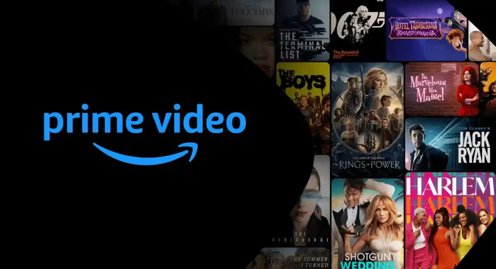 Logotip Amazon Prime Video istaknuto je prikazan na crnoj pozadini, s djelomično vidljivim plakatima raznih TV emisija i filmova, ističući opcije streaminga i dostupne cijene u Hrvatskoj.