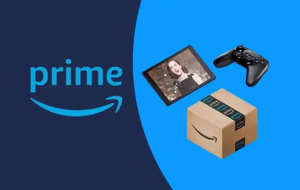 Logotip Amazon Primea s kartonskom kutijom za dostavu, tabletom koji prikazuje video i kontrolerom za igre na plavoj pozadini, ilustrirajući vrijednost i cijenu Amazon Prime usluga u Hrvatskoj.