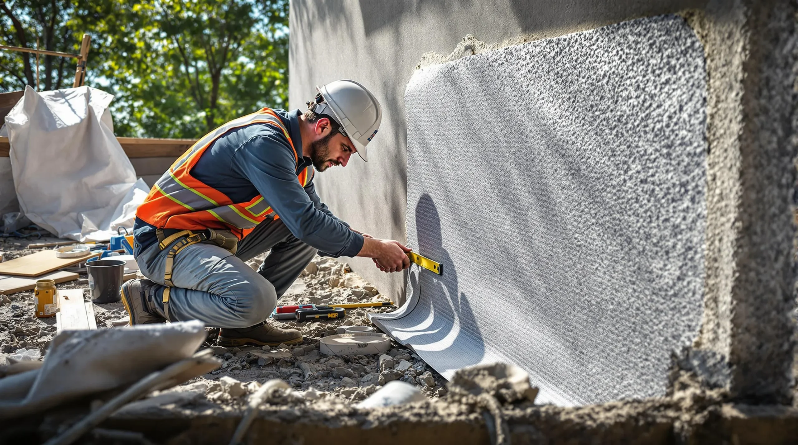 cepasta folija postavljanje Građevinski radnik u zaštitnoj opremi koristi libelu za provjeru teksturirane vanjske površine zida na gradilištu.