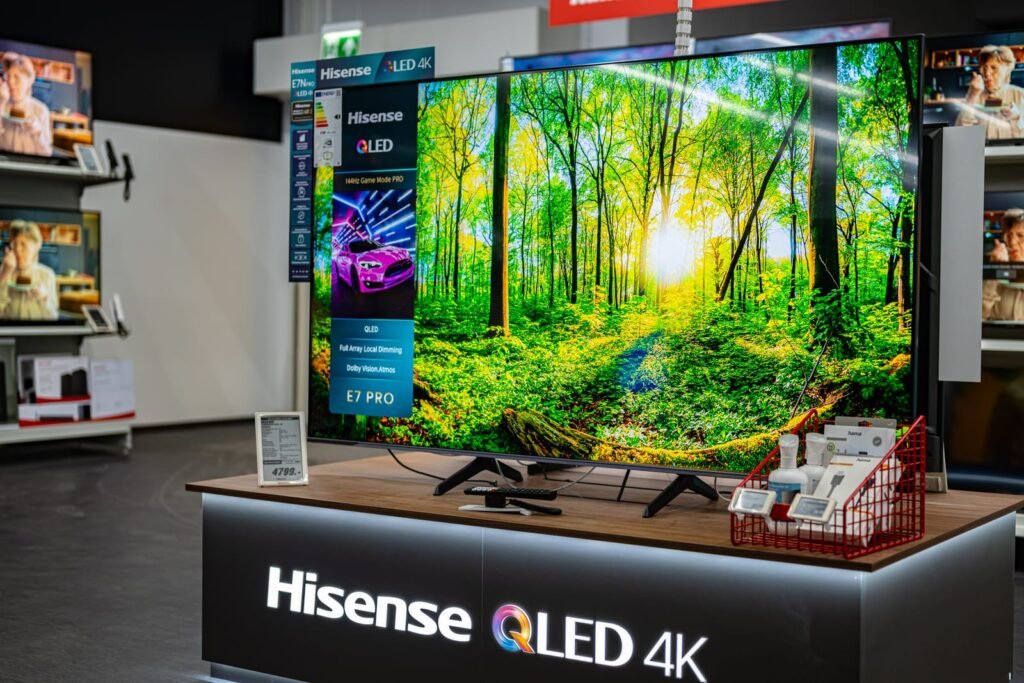 Hisense TV QLED 4K, moguće iz modela 2025, izložen je u trgovini i prikazuje živopisni šumski prizor. U blizini su brošure o proizvodima, cijena i elektronički pribor.
