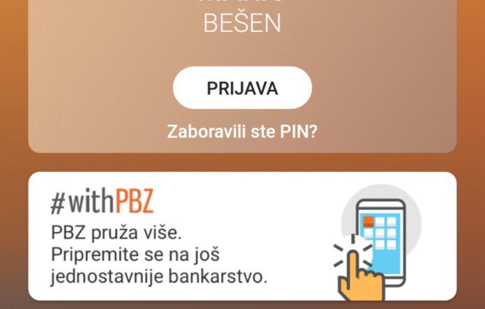 Ekran za prijavu na aplikaciju na hrvatskom jeziku, s tipkom PRIJAVA (prijava), a Zaboravili ste PIN? link te reklama za PBZ mobilno bankarstvo s ikonom telefona—idealno kada želite prebaciti usluge na novi mobitel.