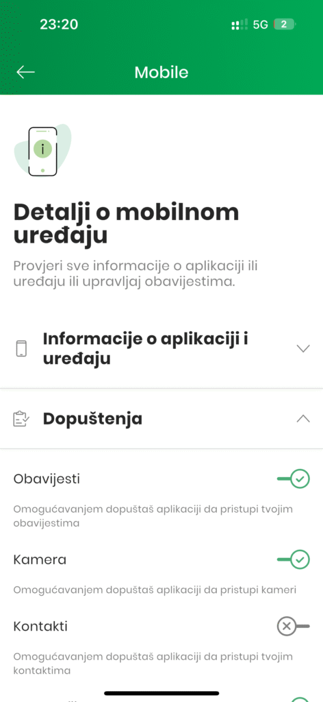Zaslon postavki na hrvatskom za PBZ mobilno bankarstvo, koji prikazuje dopuštenja za obavijesti, kameru i kontakte omogućena pod "Informacije o mobilnom uređaju". Idealno kada prebacite sve na novi mobitel.