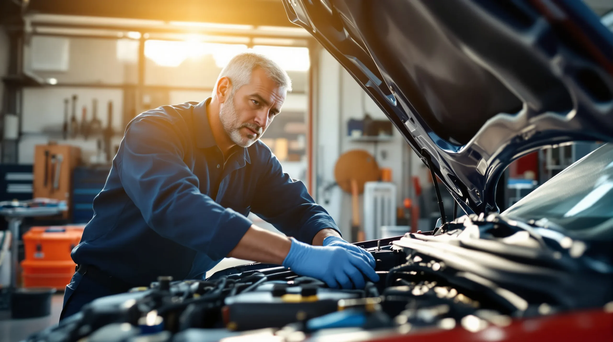 kako znati da je klima u autu prazna Mehaničar u plavim rukavicama radi na motoru automobila u dobro osvijetljenoj garaži dok sunčeva svjetlost struji kroz prozore.