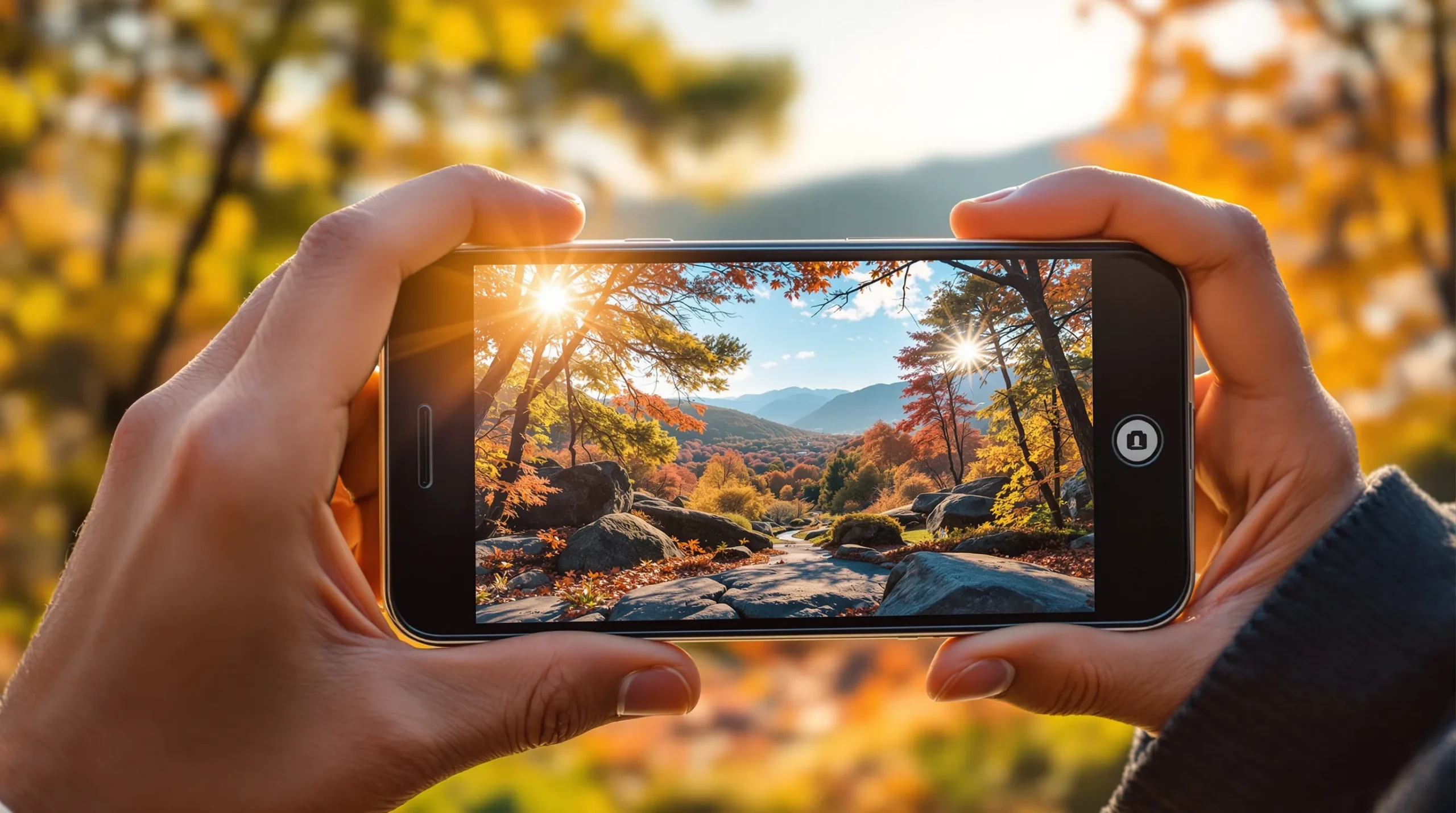 Osoba drži pametni telefon i snima fotografiju slikovitog jesenskog krajolika s drvećem, stijenama i planinama u pozadini – bilježeći svaki detalj najboljom mobilnom kamerom 2025.