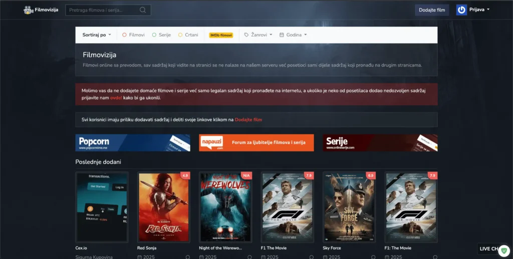 Sučelje web stranice za streaming prikazuje traku izbornika, poruke upozorenja i mrežu nedavno dodanih minijatura filmova s prijevodom i TV emisija.