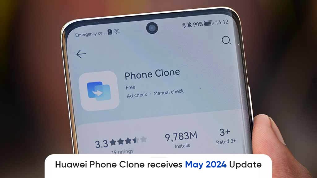 Zaslon pametnog telefona prikazuje stranicu aplikacije Huawei Phone Clone s korisničkim ocjenama i brojem instalacija, ističući je među najboljim aplikacijama za prijenos podataka na novi mobitel, uz natpis koji najavljuje ažuriranje u svibnju 2024.