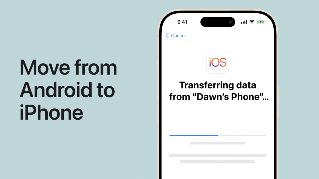 Zaslon pametnog telefona prikazuje prijenos podataka s Android uređaja na iPhone pomoću aplikacije Move to iOS—jedna od najboljih aplikacija za prijenos podataka na novi mobitel. Tekst lijevo glasi Prijelaz s Androida na iPhone.