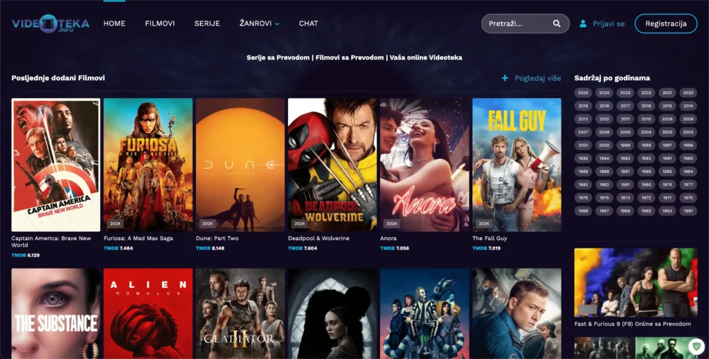 Sučelje web stranice za streaming filmova prikazuje popularne filmove poput Furiosa, Dune, Deadpool & Wolverine, Amor i The Fall Guy s posterima i godinama izlaska - idealno za gledanje filmova online s prijevodom.
