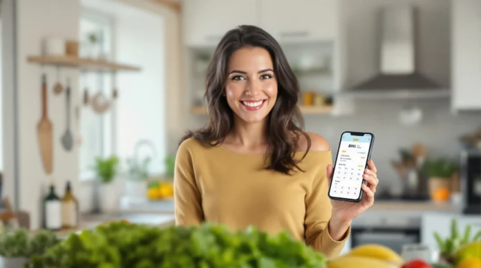 Žena stoji u kuhinji držeći pametni telefon na kojem je prikazana aplikacija za izračun indeksa tjelesne mase (BMI), a na pultu ispred nje je svježe povrće.