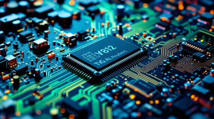 Krupni plan računalnog mikročipa s oznakom V812 TGA AI Robotics na šarenoj, osvijetljenoj ploči s raznim elektroničkim komponentama.