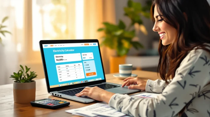 Žena koristi prijenosno računalo za pristup web stranici kalkulatora električne energije za stolom s dokumentima, kalkulatorom, kavom i malom biljkom.