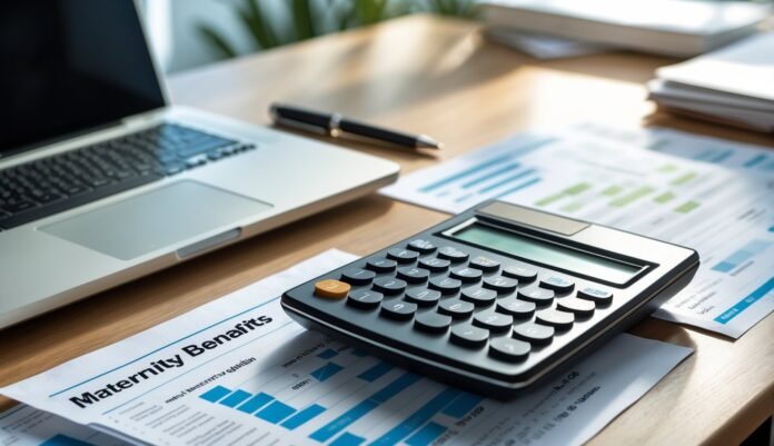Radni stol s prijenosnim računalom, Kalkulatorom porodiljnih naknada, olovkom i papirima s grafikonima i dokumentom s oznakom Naknade za porodiljni dopust - savršeno za online izračun i savjete o vašim pravima.