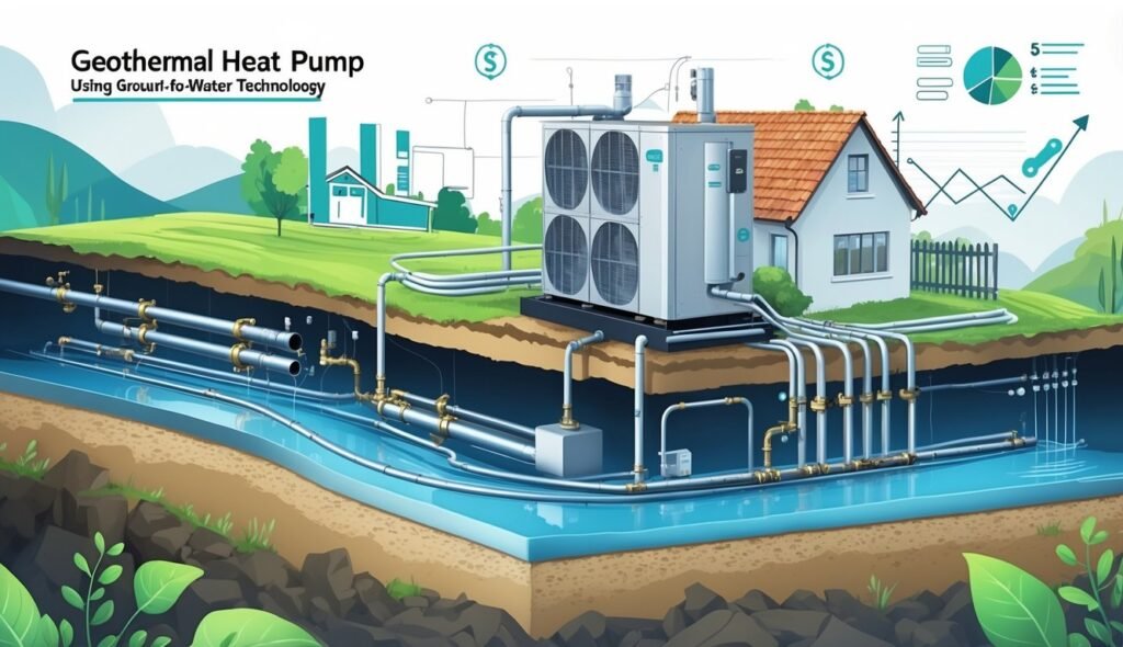 Dijagram koji prikazuje geotermalnu toplinsku pumpu glavnog toka, s cijevima pod zemljom spojenim na kuću za grijanje i hlađenje, označen kao Geotermalna toplinska pumpa koja koristi tehnologiju zemlja-voda (Dizalica).