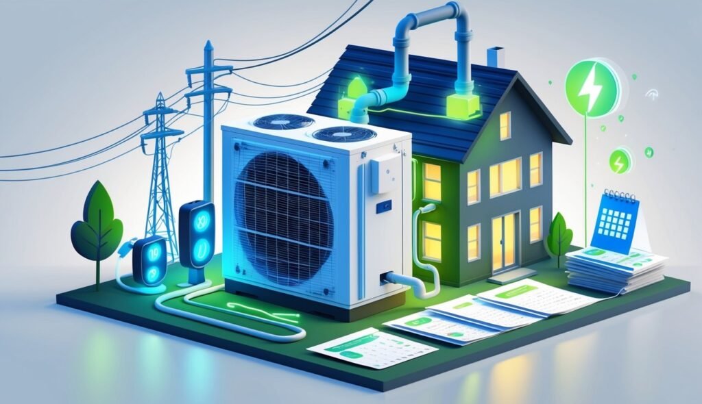 Ilustracija kuće s Topline Dizalicom (HVAC sustav toplinske pumpe), priključcima na električnu mrežu, dalekovodima, stanicama za punjenje, dokumentima i kalendarom koji simbolizira upravljanje energijom i raspoređivanje.