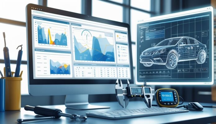 Stol s digitalnim kaliperima, mjeračem i dva monitora koji prikazuju nacrte dizajna automobila i grafikone analize podataka, ističući rad automobilskog inženjerstva podržan online kalkulatorom za Izračun Tehničkog Pregleda.