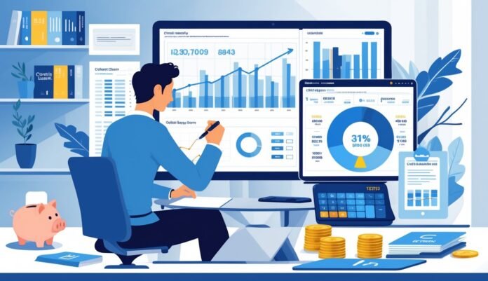 Osoba za stolom analizira financijske grafikone i dijagrame na više ekrana, okružena kovanicama, kreditnim karticama, dokumentima i kasicom, dok istražuje savjete za kredit u modernom uredskom okruženju.