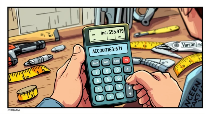 Osoba koristi kalkulator koji prikazuje mjere u inčima i ukupne iznose, okružena alatima i mjernom vrpcom na radnom stolu.