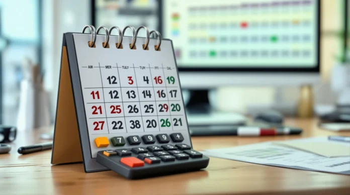 Stolni kalendar s kalkulatorom stoji na drvenom stolu, s računalnim monitorom i uredskim priborom u pozadini.