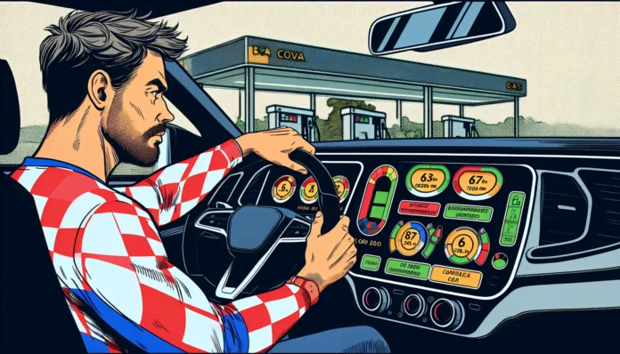 Muškarac u kariranoj košulji vozi automobil, provjeravajući digitalnu nadzornu ploču s pokazivačima goriva i brzine, dok se približava benzinskoj postaji La Cova.