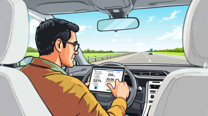 Muškarac vozi automobil na autocesti dok istovremeno komunicira s digitalnom nadzornom pločom koja prikazuje metrike poput brzine, goriva, dometa i učinkovitosti.