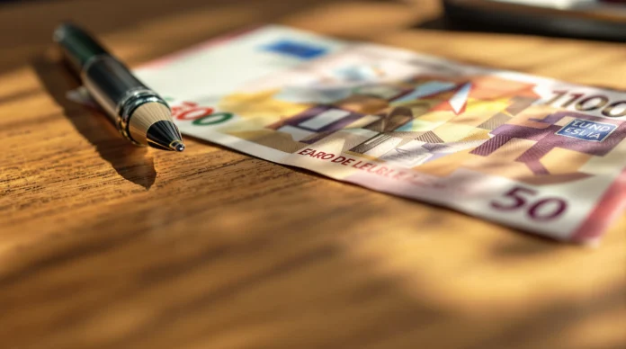 Crna olovka i dvije novčanice eura, jedna od 100 i jedna od 50, leže na drvenoj površini na prirodnom svjetlu.