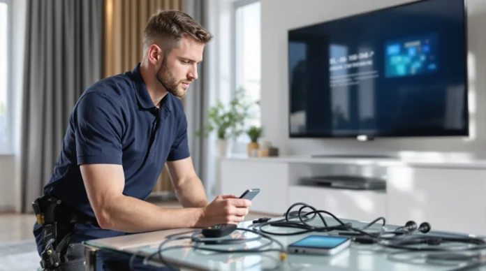 Muškarac u mornarsko plavoj polo majici postavlja elektroničke uređaje na stakleni stol u modernoj dnevnoj sobi s televizorom i raznim kabelima.