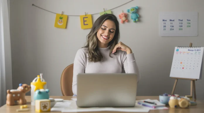 Žena sjedi za stolom i radi na prijenosnom računalu, smiješi se, s dječjim igračkama i crtežima na zidu u pozadini. Na stolu su također vidljivi kalendar, razni pribor za pisanje i kalkulator trudnoće za praćenje razvoja trudnoće.