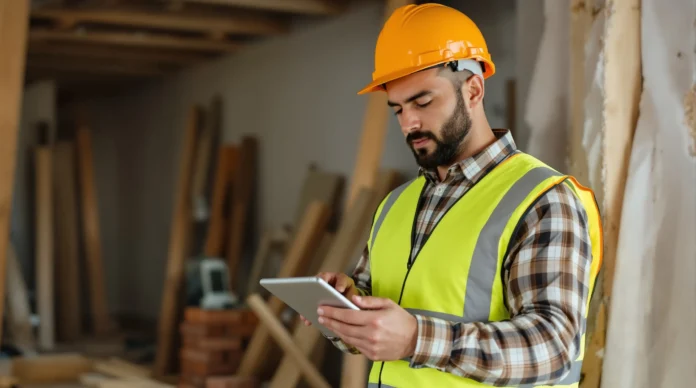 Građevinski radnik u žutom zaštitnom prsluku i zaštitnoj kacigi koristi tablet za provjeru kalkulatora volumena unutar zgrade u izgradnji.
