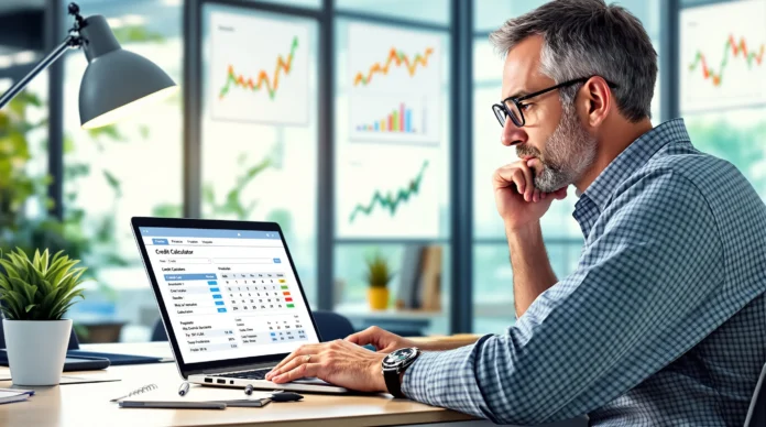 Muškarac sjedi za stolom u uredu i gleda u zaslon prijenosnog računala na kojem se nalazi kreditni kalkulator, dok su u pozadini na zidovima vidljivi grafikoni i dijagrami koji prikazuju troškove kredita.