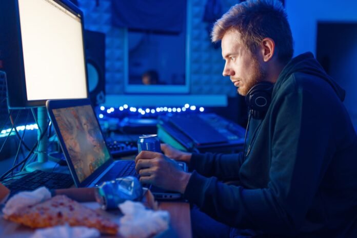 Muškarac sjedi za stolom s računalima, nosi slušalice oko vrata i drži limenku. Pizza i grickalice su na stolu. Plavo svjetlo ispunjava sobu dok pregledava 7 najboljih preporuka za najbolje gaming laptope.