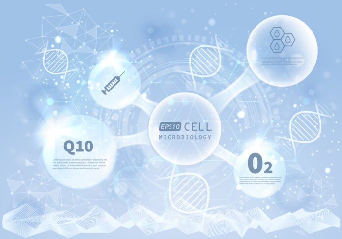 Apstraktna pozadina s mikrobiološkom tematikom s kružnim infografičkim elementima, lancima DNK i znanstvenim ikonama na plavoj gradijentnoj pozadini, idealna za predstavljanje preporuke ili isticanje blagodati najboljeg Koenzima Q10.