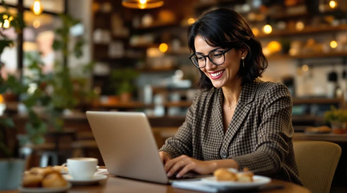Žena s naočalama i kariranim sakoom smiješi se dok radi na prijenosnom računalu u ugodnom kafiću, koristeći online alat za izračun PDV-a, s pecivom i šalicom kave na stolu.