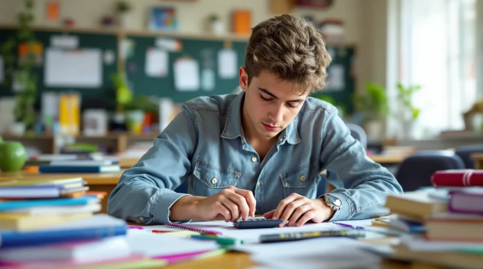 Tinejdžer u traper majici sjedi za stolom u učionici srednje škole, koristeći kalkulator bodova, okružen knjigama i papirima.