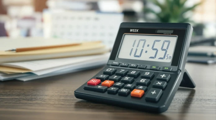 Digitalni stolni kalkulator koji prikazuje vrijeme 10:59 stoji na uredskom stolu pored mapa i papira, sa zamućenom pozadinom.