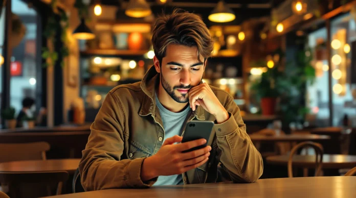 Muškarac sjedi za stolom u toplo osvijetljenom kafiću i zamišljeno gleda u svoj pametni telefon.