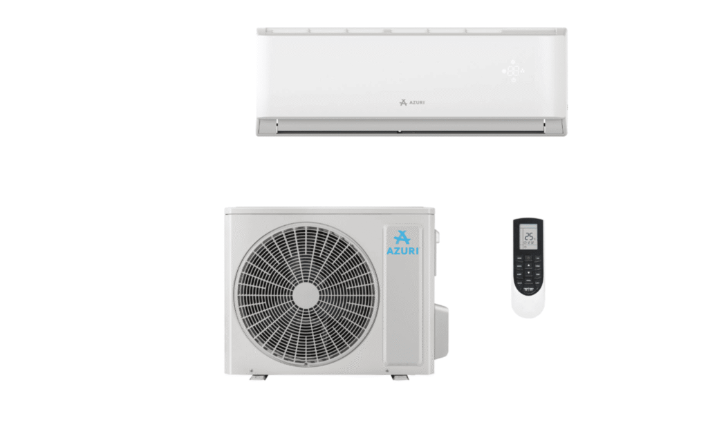 Split klima uređaj koji prikazuje unutarnju jedinicu, vanjsku jedinicu s ventilatorom i daljinski upravljač, a sve je označeno logotipom marke Azuri - vrhunska preporuka za najbolji klima uređaji.