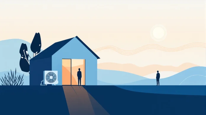dizalica topline Minimalistička ilustracija kuće s klima uređajem vani, dvije osobe i suncem na nebu iznad krajolika s drvećem i brdima.