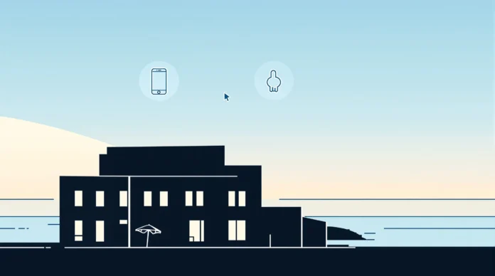 najbolje agencije za iznajmljivanje apartmana Minimalistička ilustracija moderne kuće uz vodu u zalazak sunca, s ikonama pametnog telefona i kasice prasice koje lebde iznad.