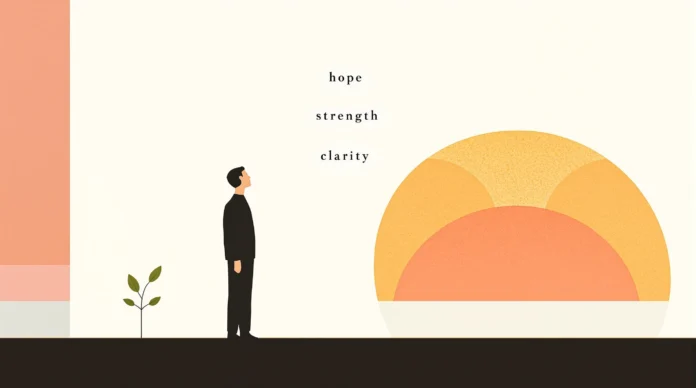 Ilustrirana osoba stoji okrenuta prema stiliziranom izlasku sunca s riječima nada, snaga i jasnoća koje lebde iznad horizonta, inspirirano djelima Najbolji citati i Pozitivni citati.