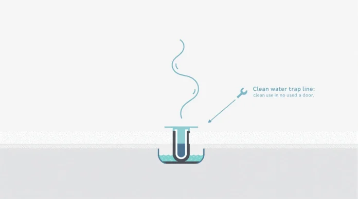 smrad iz podnog sifona Dijagram sifona vodovoda koji ispušta neugodne mirise, sa strelicom koja pokazuje prema njemu i označena je kao