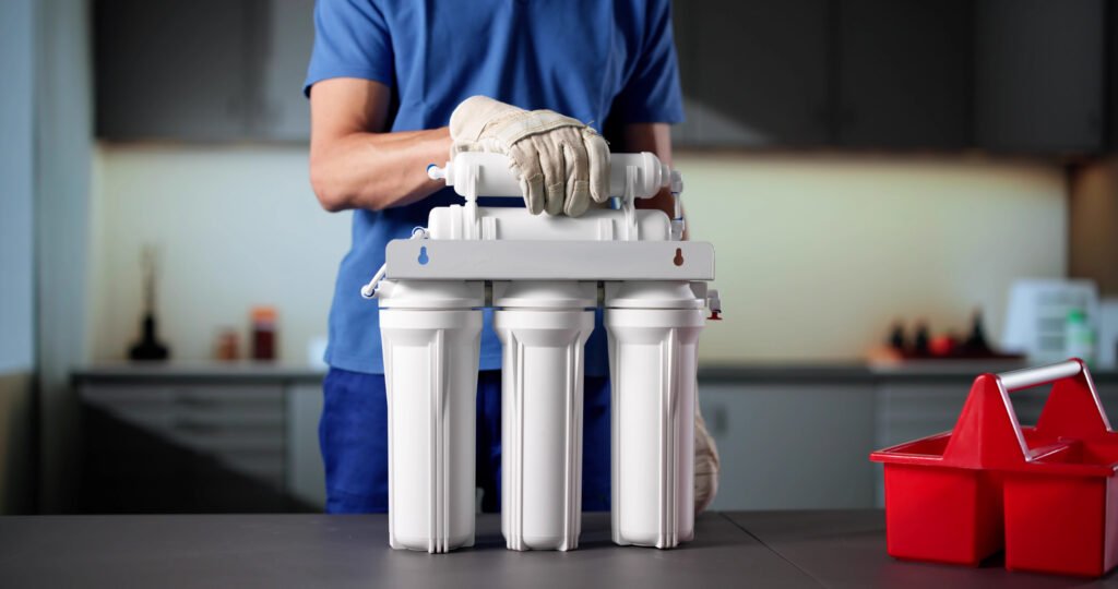 Osoba u radnim rukavicama drži najbolji filter za vodu - trostupanjski sustav za filtriranje vode - na radnoj površini, s crvenom kutijom za alat u blizini.