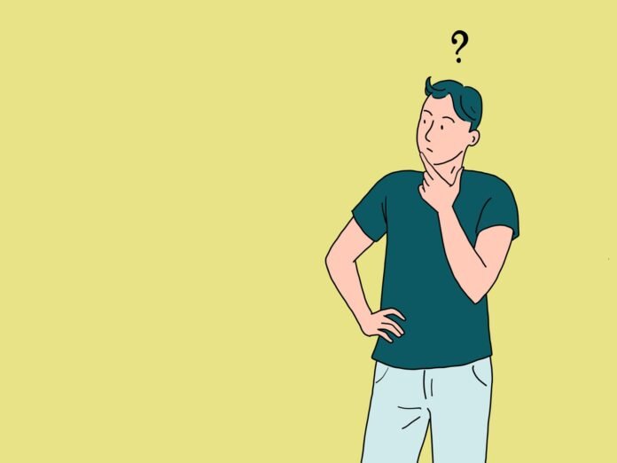 Ilustracija osobe koja razmišlja s rukom na bradi i upitnikom iznad glave, stoji na običnoj žutoj pozadini i promišlja kako riješiti najtežih zagonetki.