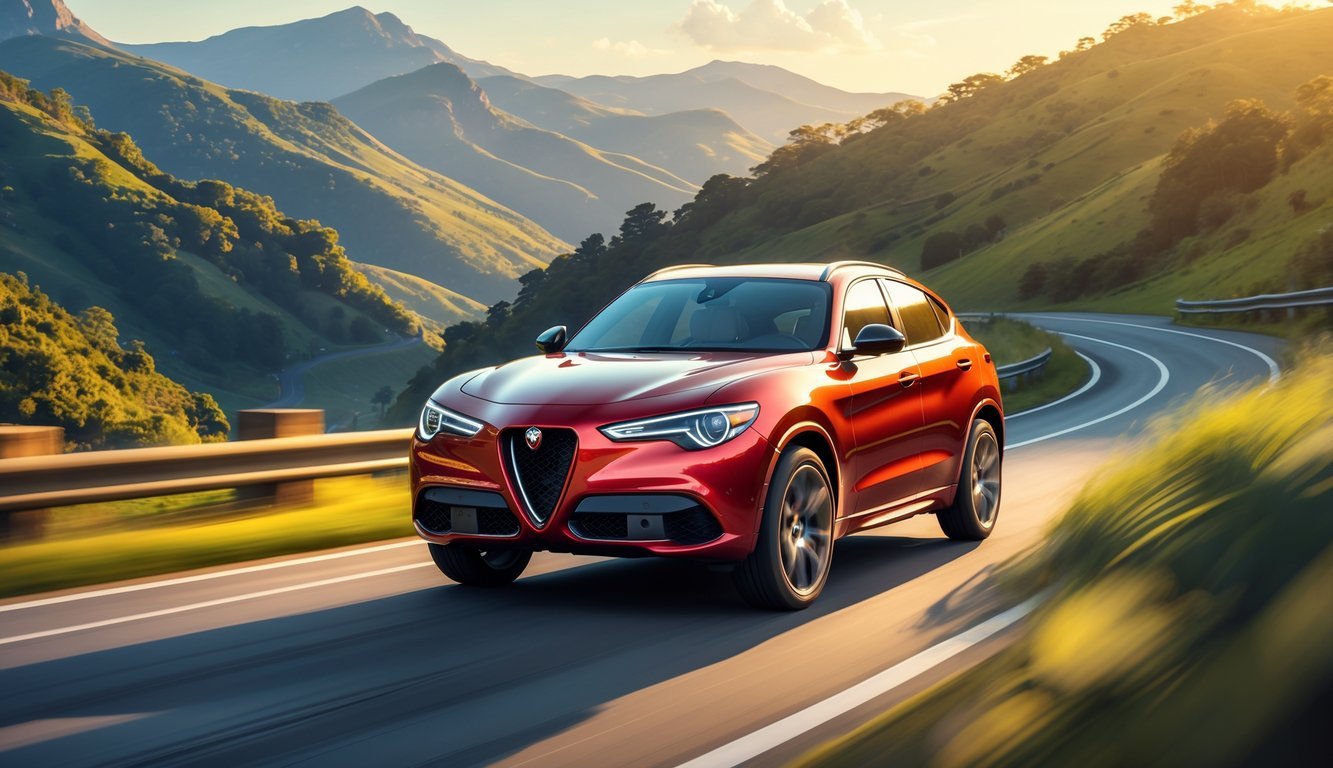 Crveni Alfa Romeo Stelvio vozi planinskom cestom okruženom zelenim brežuljcima pod toplim svjetlom zalaska sunca.
