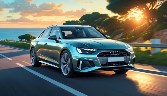 Audi A4 na obalnoj cesti s morem i drvećem u pozadini tijekom zalaska sunca.