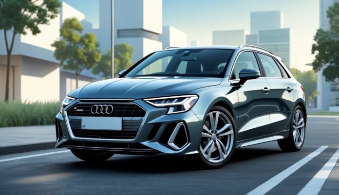 Audi A3 parkiran na gradskoj ulici s modernim zgradama u pozadini.