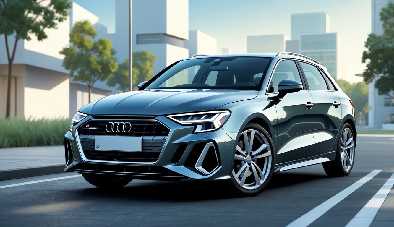 Audi A3 parkiran na gradskoj ulici s modernim zgradama u pozadini.