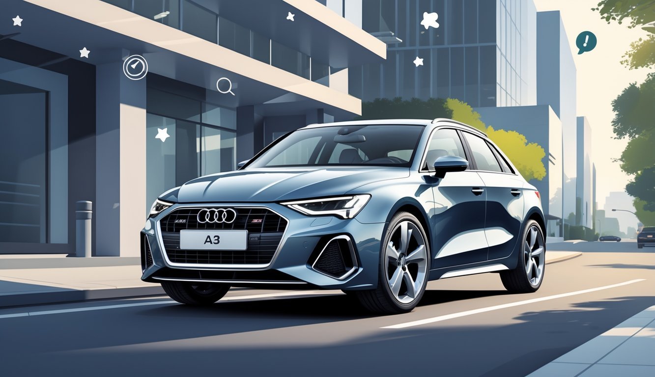 Audi A3 automobil parkiran na gradskoj ulici s modernim zgradama u pozadini.